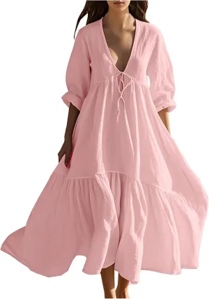 Boho Summer Dresses for Women Casual V Neck Beach Flowy Sundress Ladies Fashion Vacation Cotton Linen Maxi Dress