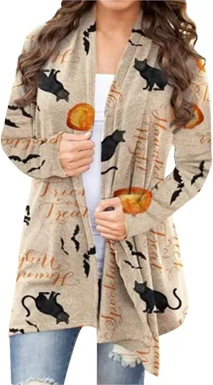 BOUTIKOME Women's Halloween Cat Pumpkin Cardigan Long Sleeve Open Front Knit Outwear Coat Plus Size Knitting Sweater Top