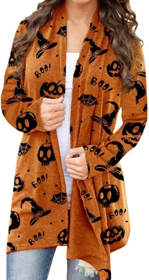 BOUTIKOME Women's Halloween Cat Pumpkin Cardigan Long Sleeve Open Front Knit Outwear Coat Plus Size Knitting Sweater Top