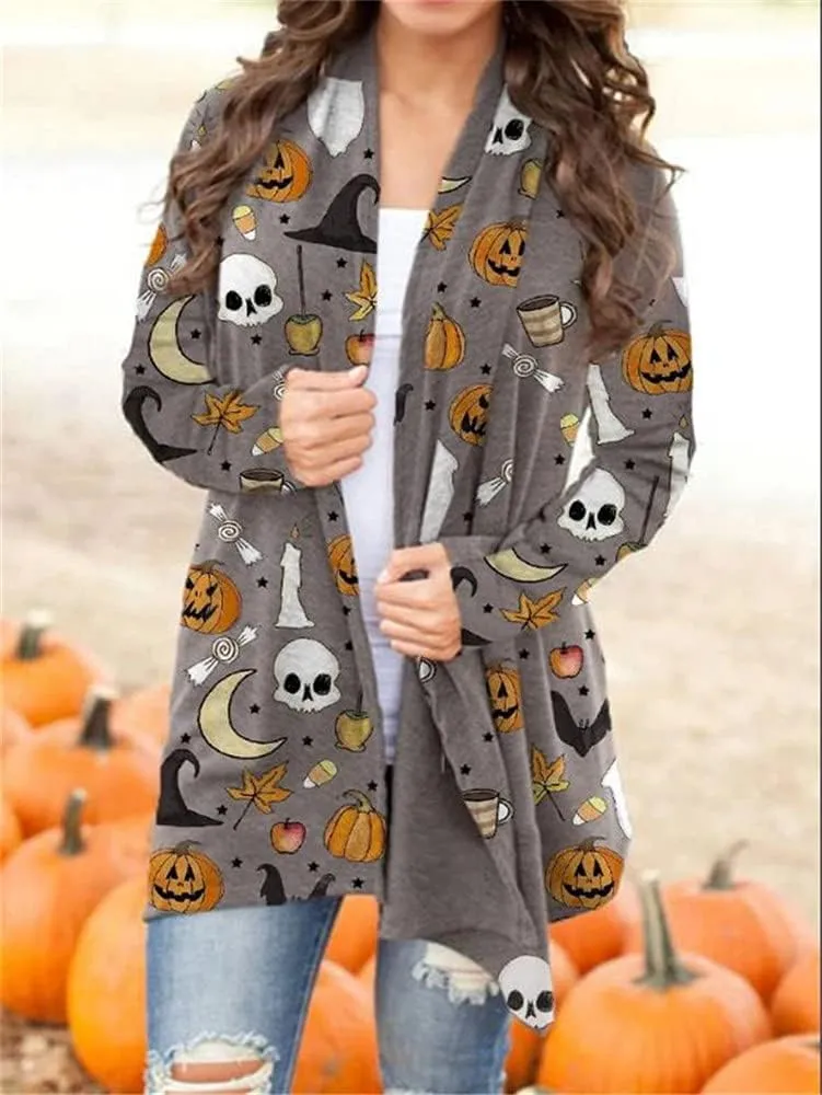 BOUTIKOME Women's Halloween Cat Pumpkin Cardigan Long Sleeve Open Front Knit Outwear Coat Plus Size Knitting Sweater Top