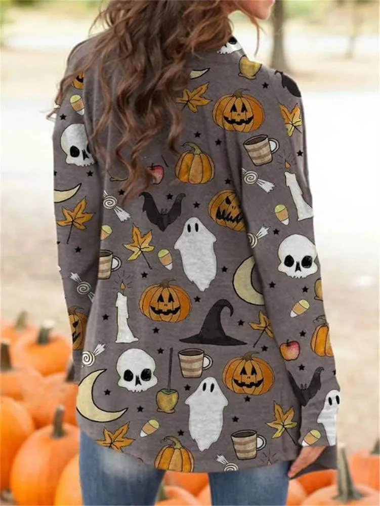 BOUTIKOME Women's Halloween Cat Pumpkin Cardigan Long Sleeve Open Front Knit Outwear Coat Plus Size Knitting Sweater Top