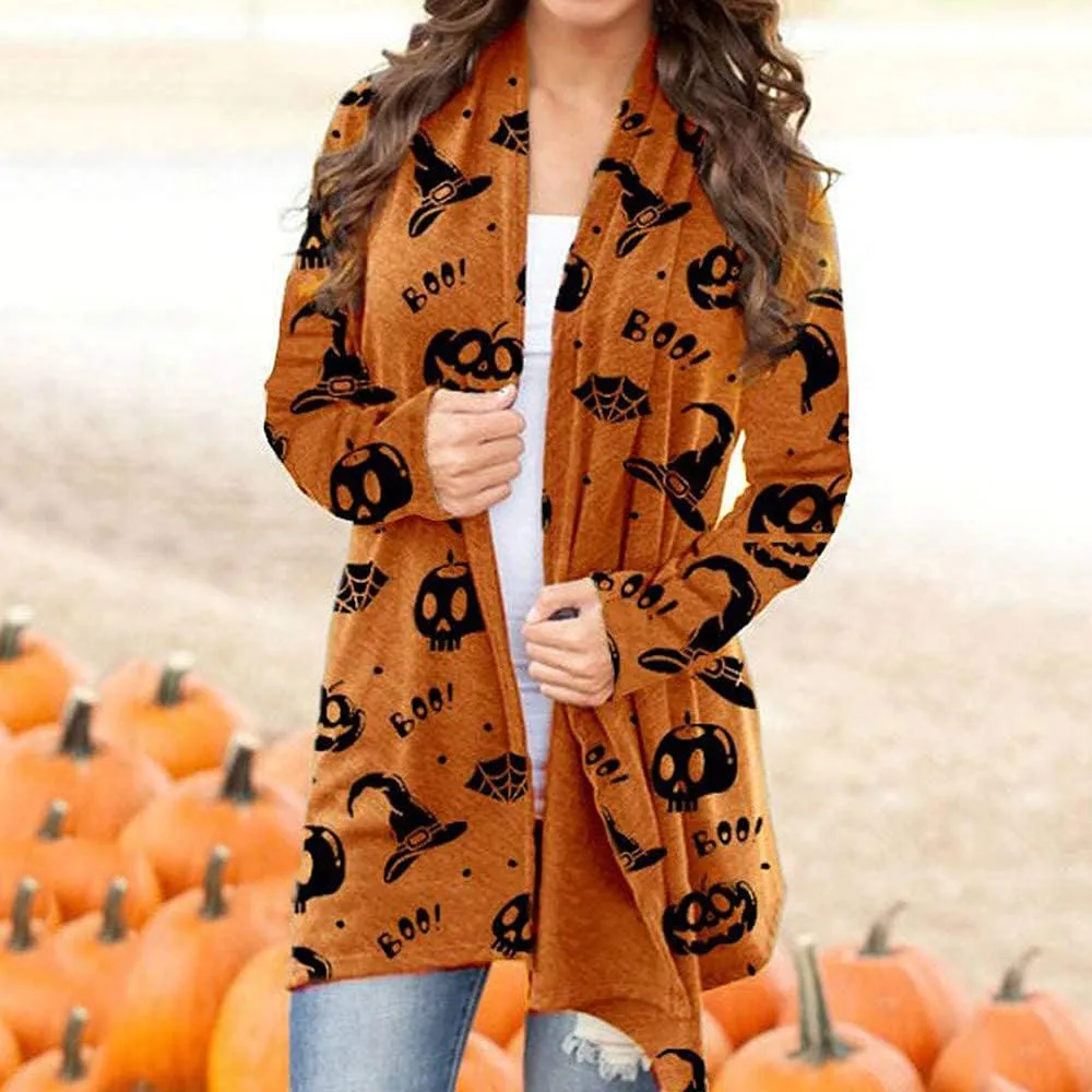 BOUTIKOME Women's Halloween Cat Pumpkin Cardigan Long Sleeve Open Front Knit Outwear Coat Plus Size Knitting Sweater Top