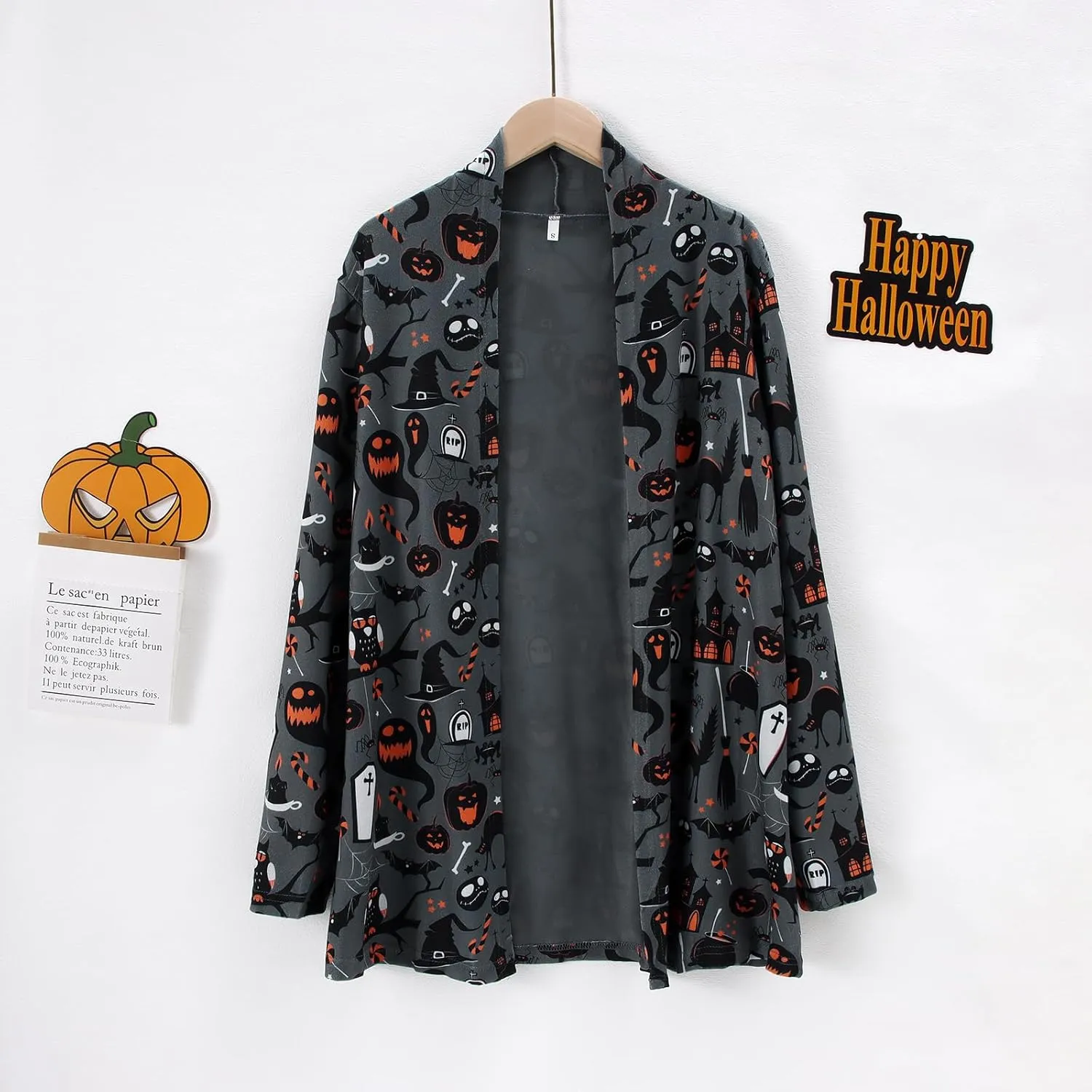 BOUTIKOME Women's Halloween Cat Pumpkin Cardigan Long Sleeve Open Front Knit Outwear Coat Plus Size Knitting Sweater Top