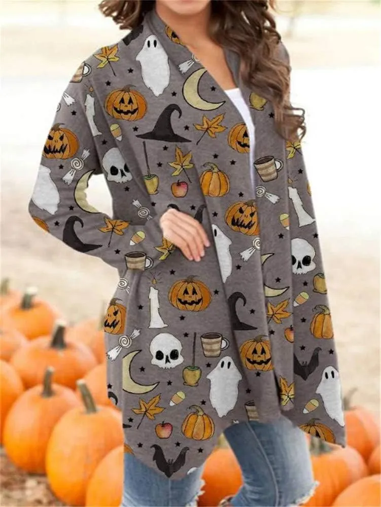 BOUTIKOME Women's Halloween Cat Pumpkin Cardigan Long Sleeve Open Front Knit Outwear Coat Plus Size Knitting Sweater Top