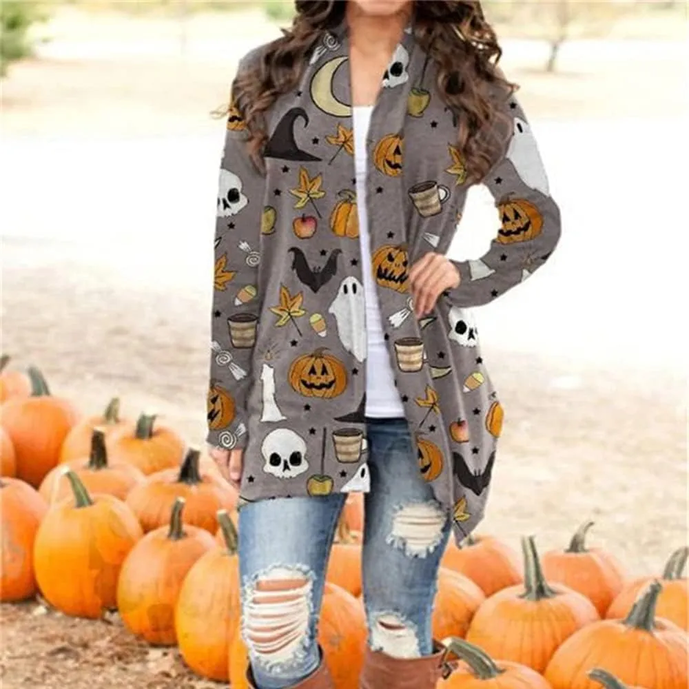 BOUTIKOME Women's Halloween Cat Pumpkin Cardigan Long Sleeve Open Front Knit Outwear Coat Plus Size Knitting Sweater Top