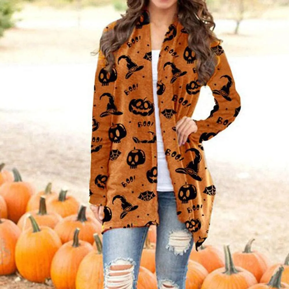 BOUTIKOME Women's Halloween Cat Pumpkin Cardigan Long Sleeve Open Front Knit Outwear Coat Plus Size Knitting Sweater Top