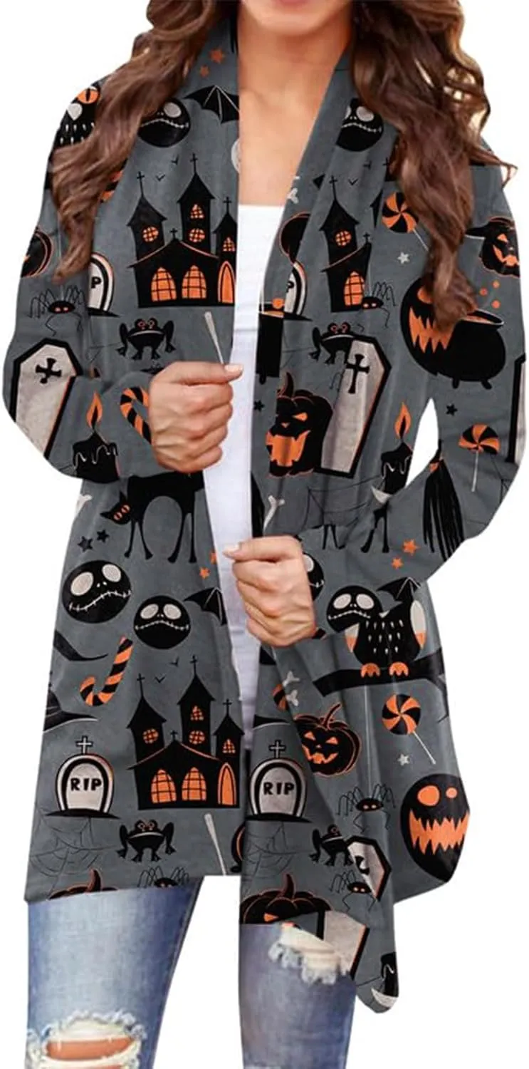BOUTIKOME Women's Halloween Cat Pumpkin Cardigan Long Sleeve Open Front Knit Outwear Coat Plus Size Knitting Sweater Top