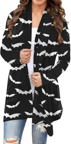 BOUTIKOME Women's Halloween Cat Pumpkin Cardigan Long Sleeve Open Front Knit Outwear Coat Plus Size Knitting Sweater Top