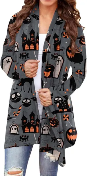 BOUTIKOME Women's Halloween Cat Pumpkin Cardigan Long Sleeve Open Front Knit Outwear Coat Plus Size Knitting Sweater Top