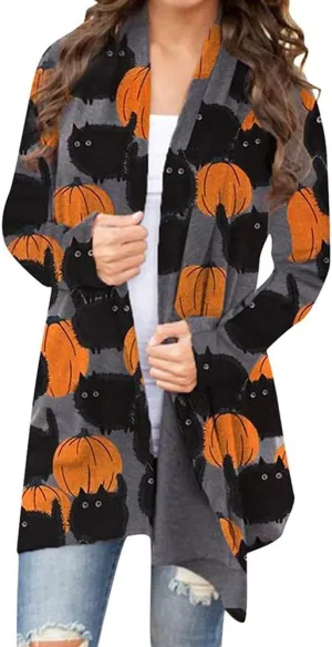 BOUTIKOME Women's Halloween Cat Pumpkin Cardigan Long Sleeve Open Front Knit Outwear Coat Plus Size Knitting Sweater Top