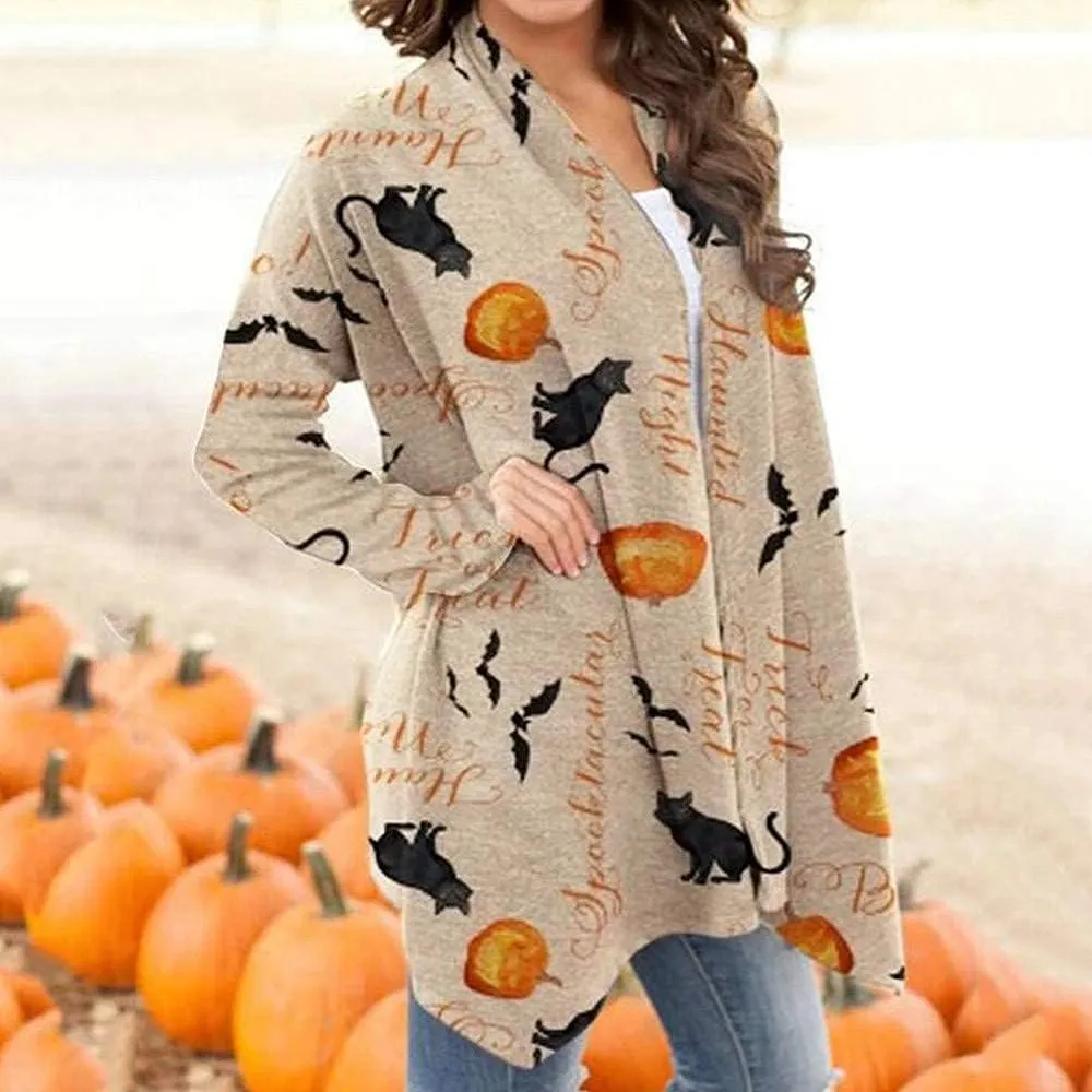 BOUTIKOME Women's Halloween Cat Pumpkin Cardigan Long Sleeve Open Front Knit Outwear Coat Plus Size Knitting Sweater Top