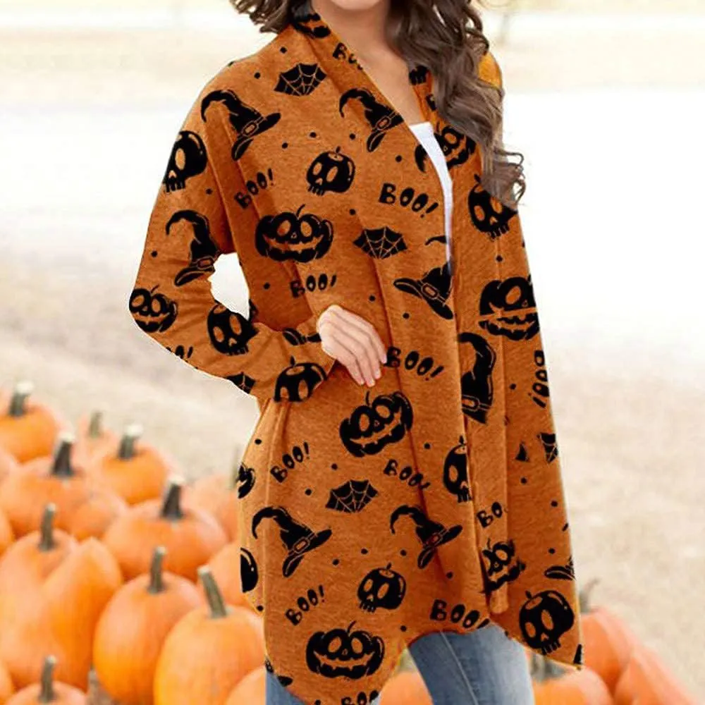 BOUTIKOME Women's Halloween Cat Pumpkin Cardigan Long Sleeve Open Front Knit Outwear Coat Plus Size Knitting Sweater Top