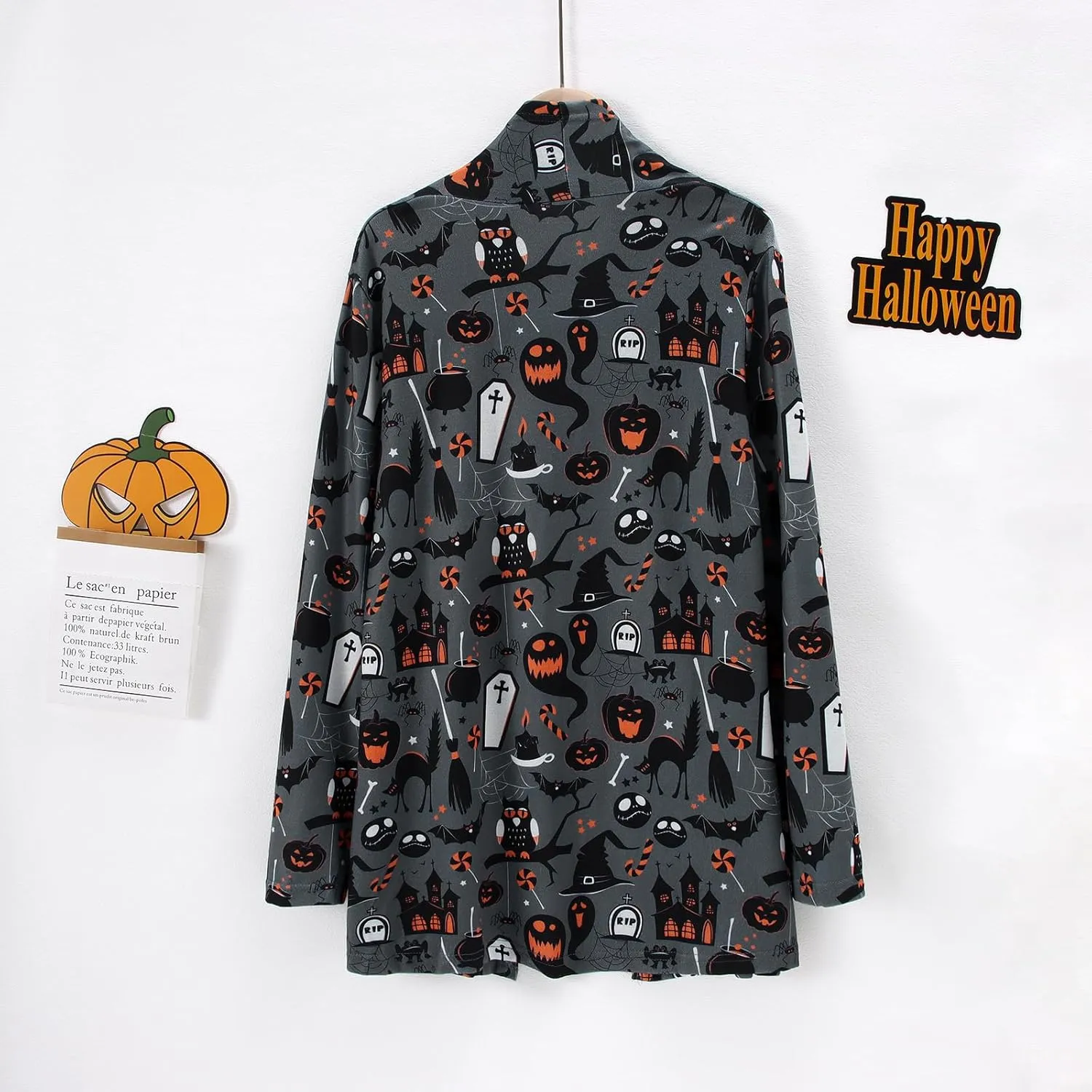 BOUTIKOME Women's Halloween Cat Pumpkin Cardigan Long Sleeve Open Front Knit Outwear Coat Plus Size Knitting Sweater Top