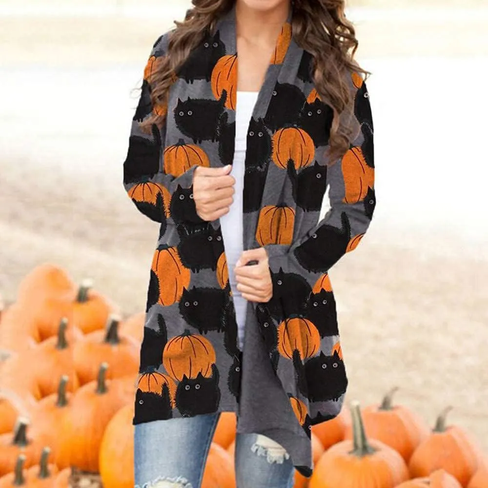 BOUTIKOME Women's Halloween Cat Pumpkin Cardigan Long Sleeve Open Front Knit Outwear Coat Plus Size Knitting Sweater Top