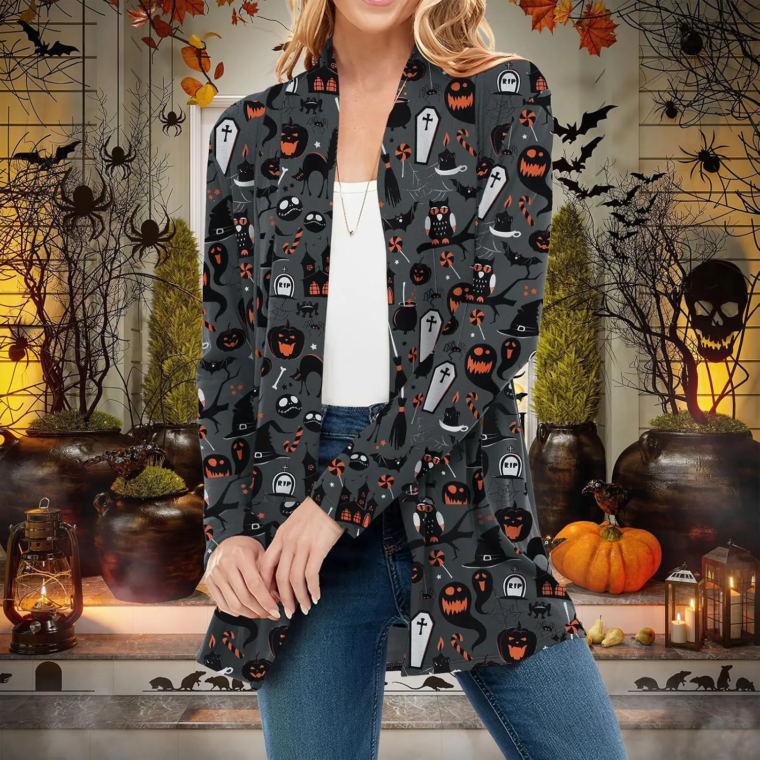 BOUTIKOME Women's Halloween Cat Pumpkin Cardigan Long Sleeve Open Front Knit Outwear Coat Plus Size Knitting Sweater Top