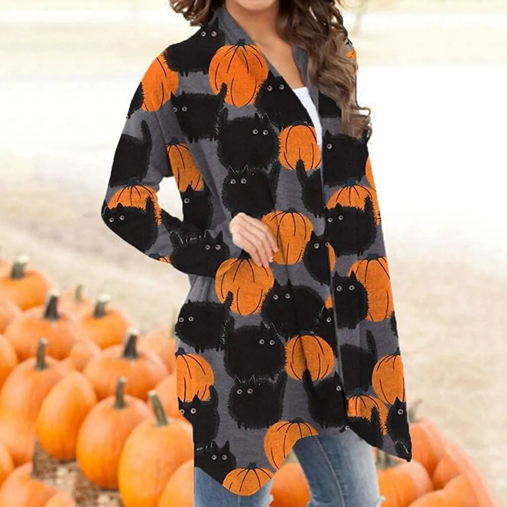 BOUTIKOME Women's Halloween Cat Pumpkin Cardigan Long Sleeve Open Front Knit Outwear Coat Plus Size Knitting Sweater Top