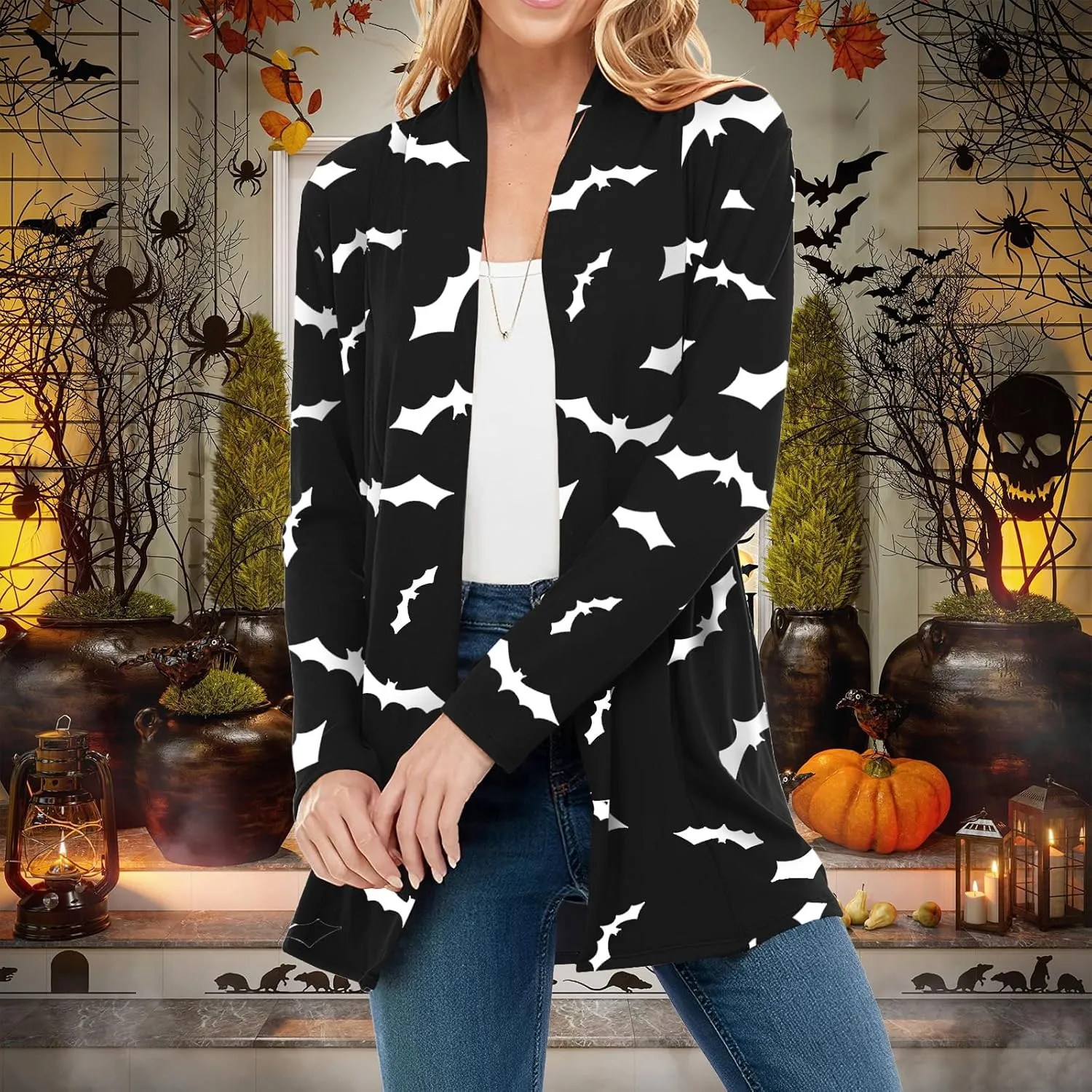BOUTIKOME Women's Halloween Cat Pumpkin Cardigan Long Sleeve Open Front Knit Outwear Coat Plus Size Knitting Sweater Top