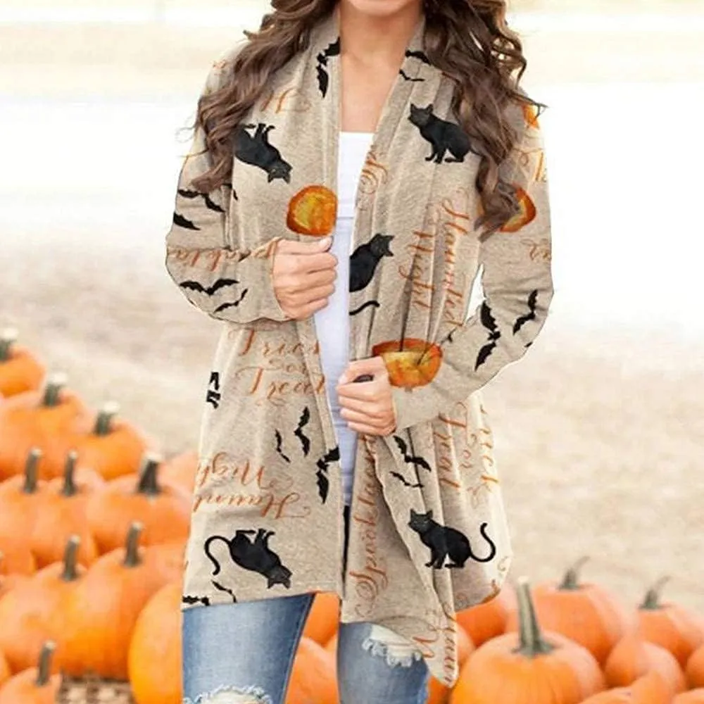 BOUTIKOME Women's Halloween Cat Pumpkin Cardigan Long Sleeve Open Front Knit Outwear Coat Plus Size Knitting Sweater Top