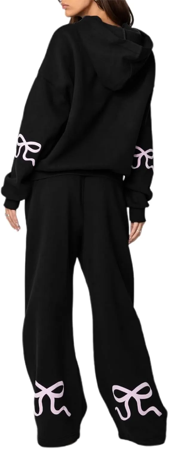 Bow Print Sweat Set For Women Matching Sweat Sets For Women Bow Sweatshirt Long Sleeve Oversized Hoodie Wide Leg Sweatpants