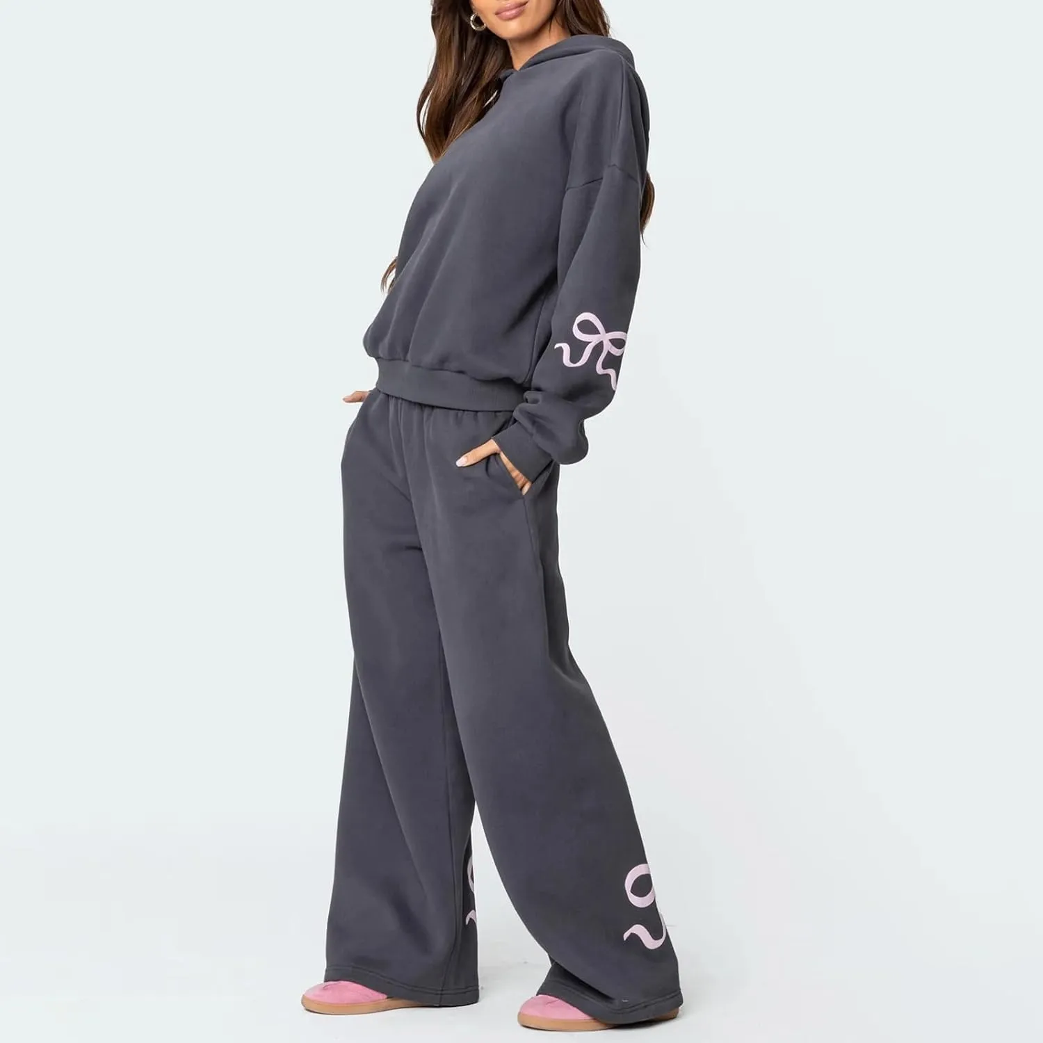 Bow Print Sweat Set For Women Matching Sweat Sets For Women Bow Sweatshirt Long Sleeve Oversized Hoodie Wide Leg Sweatpants