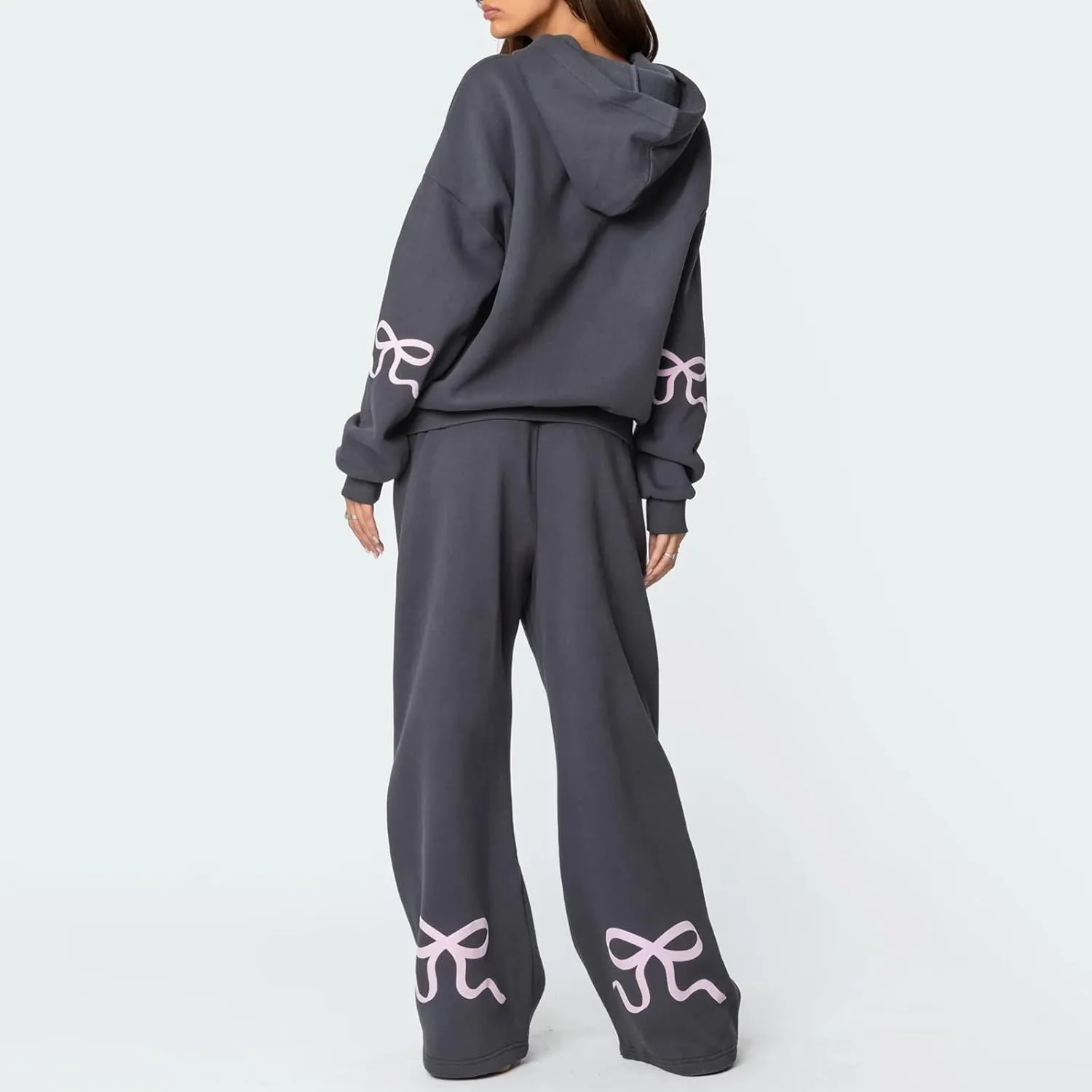 Bow Print Sweat Set For Women Matching Sweat Sets For Women Bow Sweatshirt Long Sleeve Oversized Hoodie Wide Leg Sweatpants
