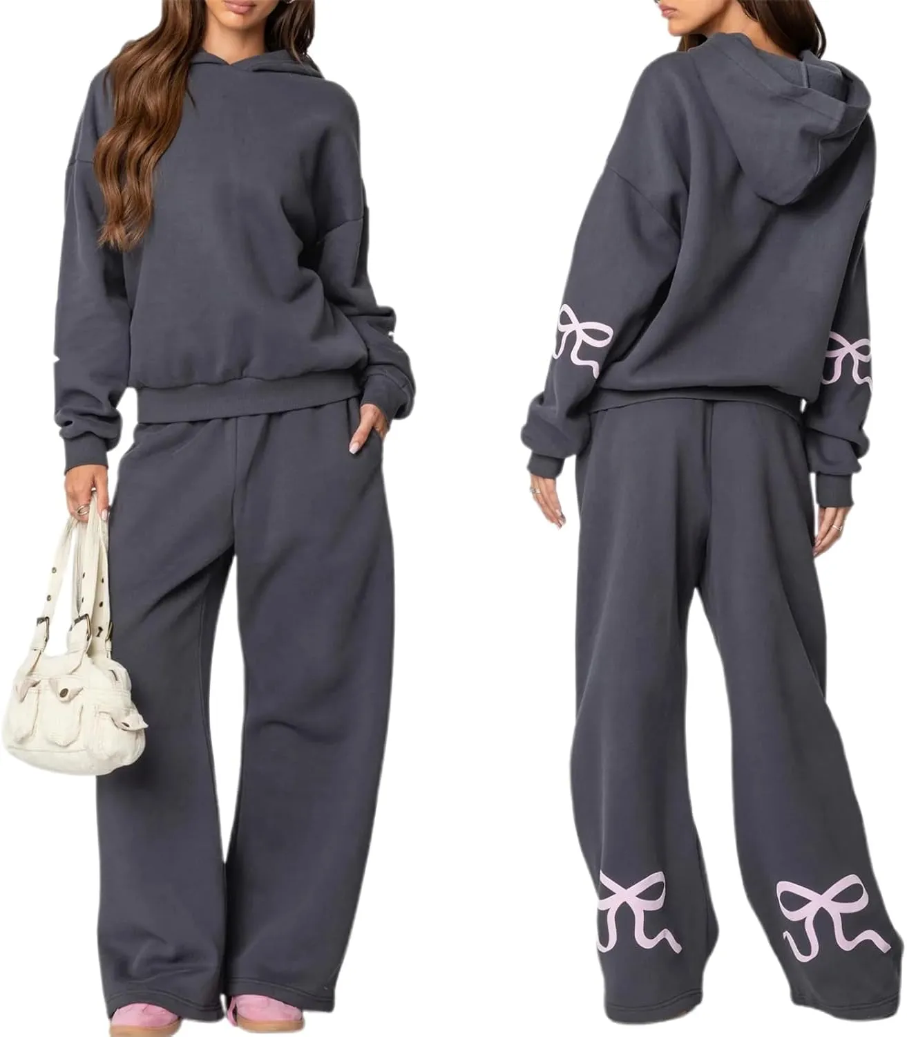 Bow Print Sweat Set For Women Matching Sweat Sets For Women Bow Sweatshirt Long Sleeve Oversized Hoodie Wide Leg Sweatpants