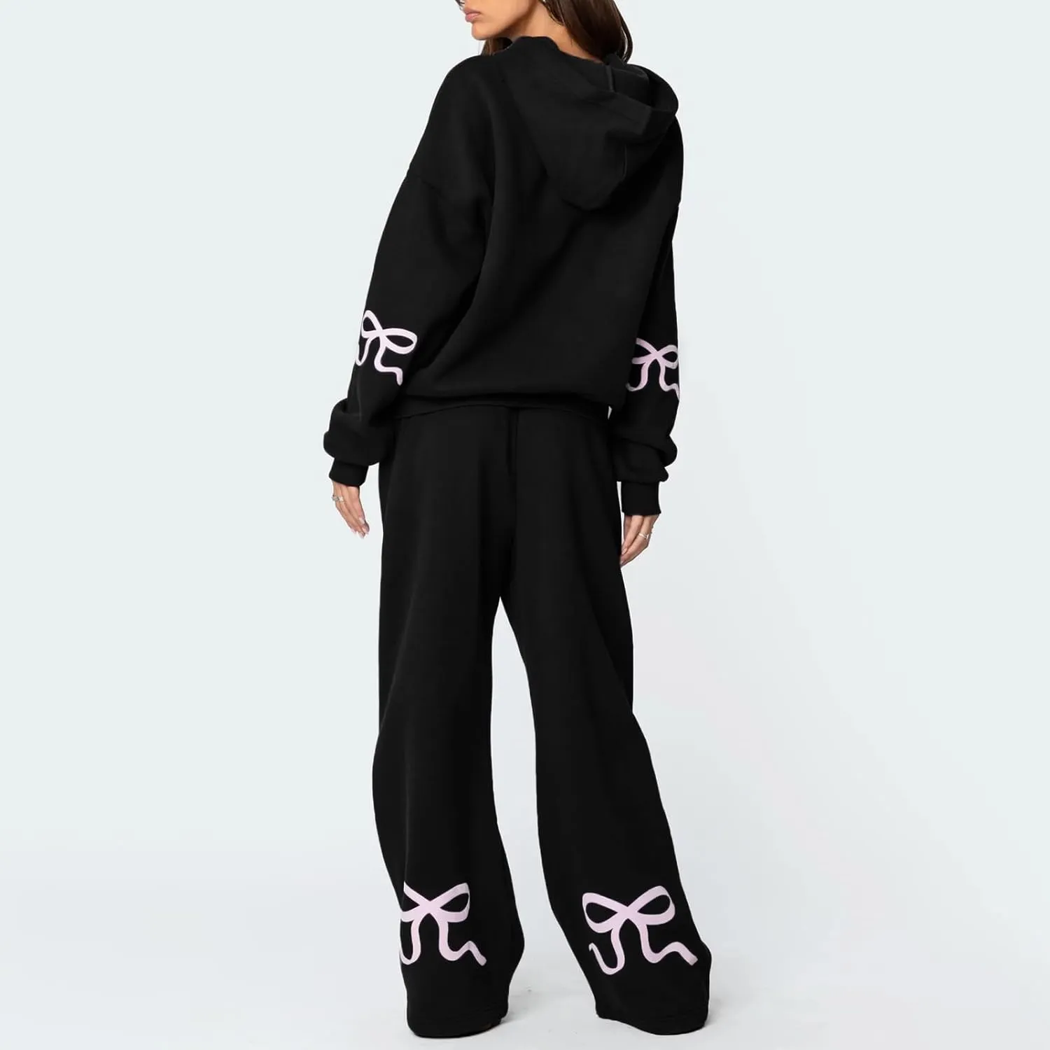 Bow Print Sweat Set For Women Matching Sweat Sets For Women Bow Sweatshirt Long Sleeve Oversized Hoodie Wide Leg Sweatpants