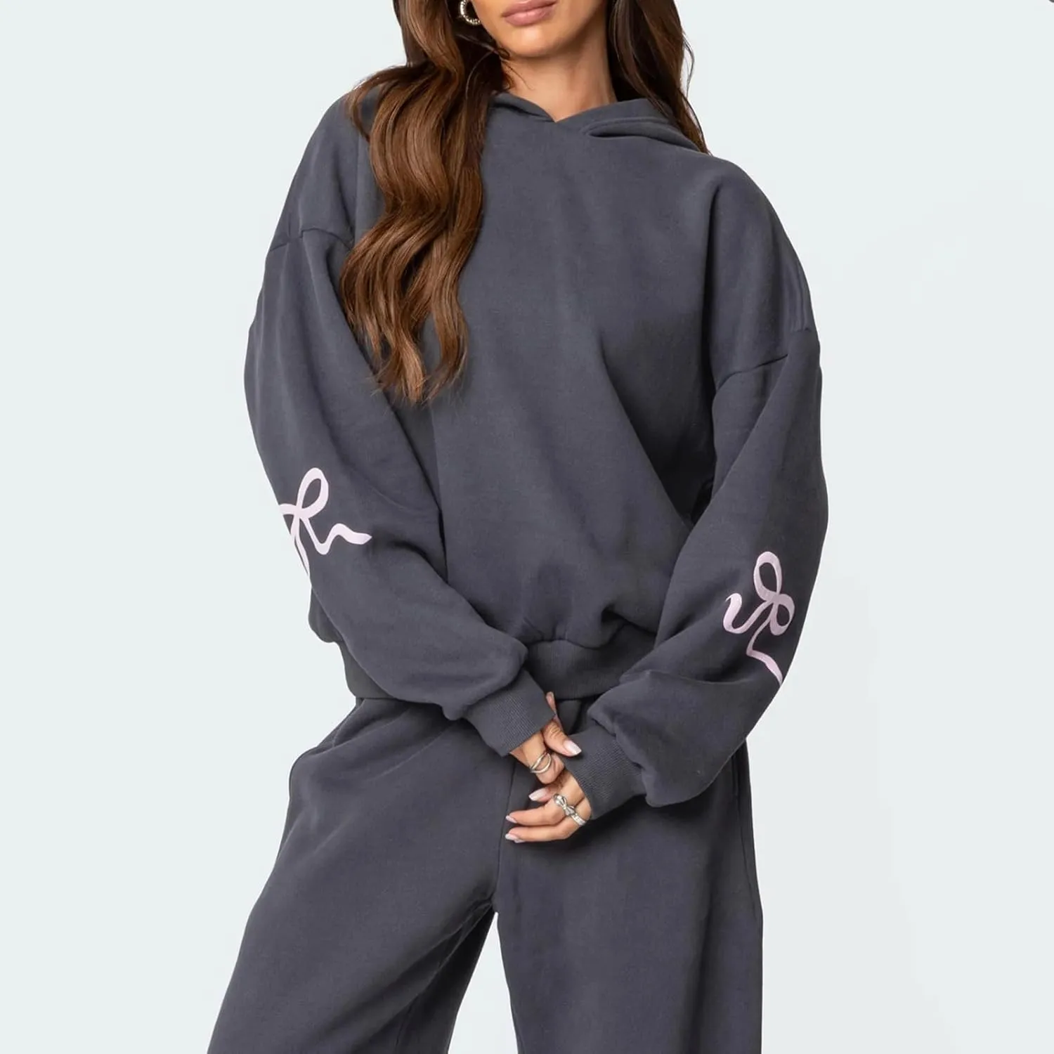 Bow Print Sweat Set For Women Matching Sweat Sets For Women Bow Sweatshirt Long Sleeve Oversized Hoodie Wide Leg Sweatpants