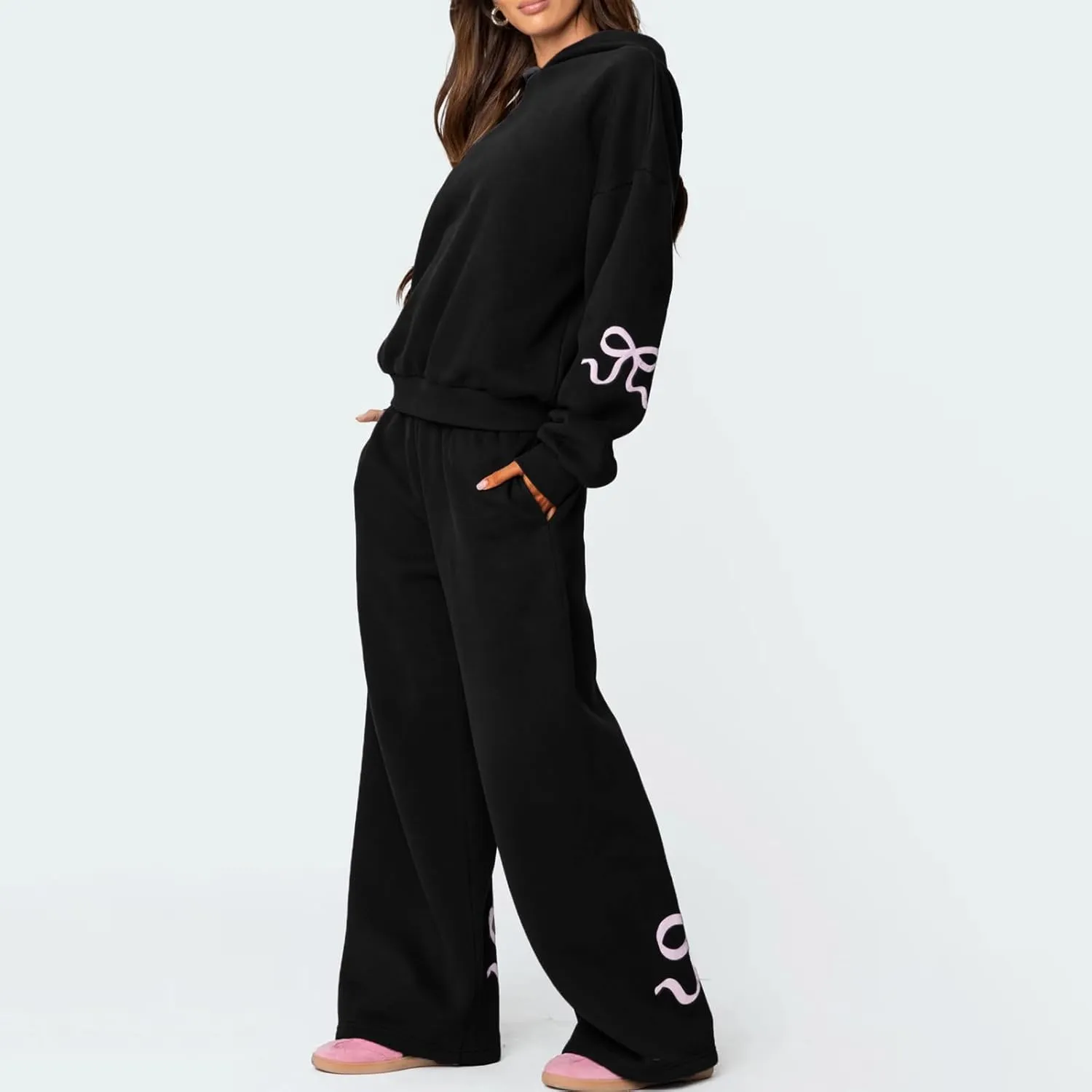 Bow Print Sweat Set For Women Matching Sweat Sets For Women Bow Sweatshirt Long Sleeve Oversized Hoodie Wide Leg Sweatpants