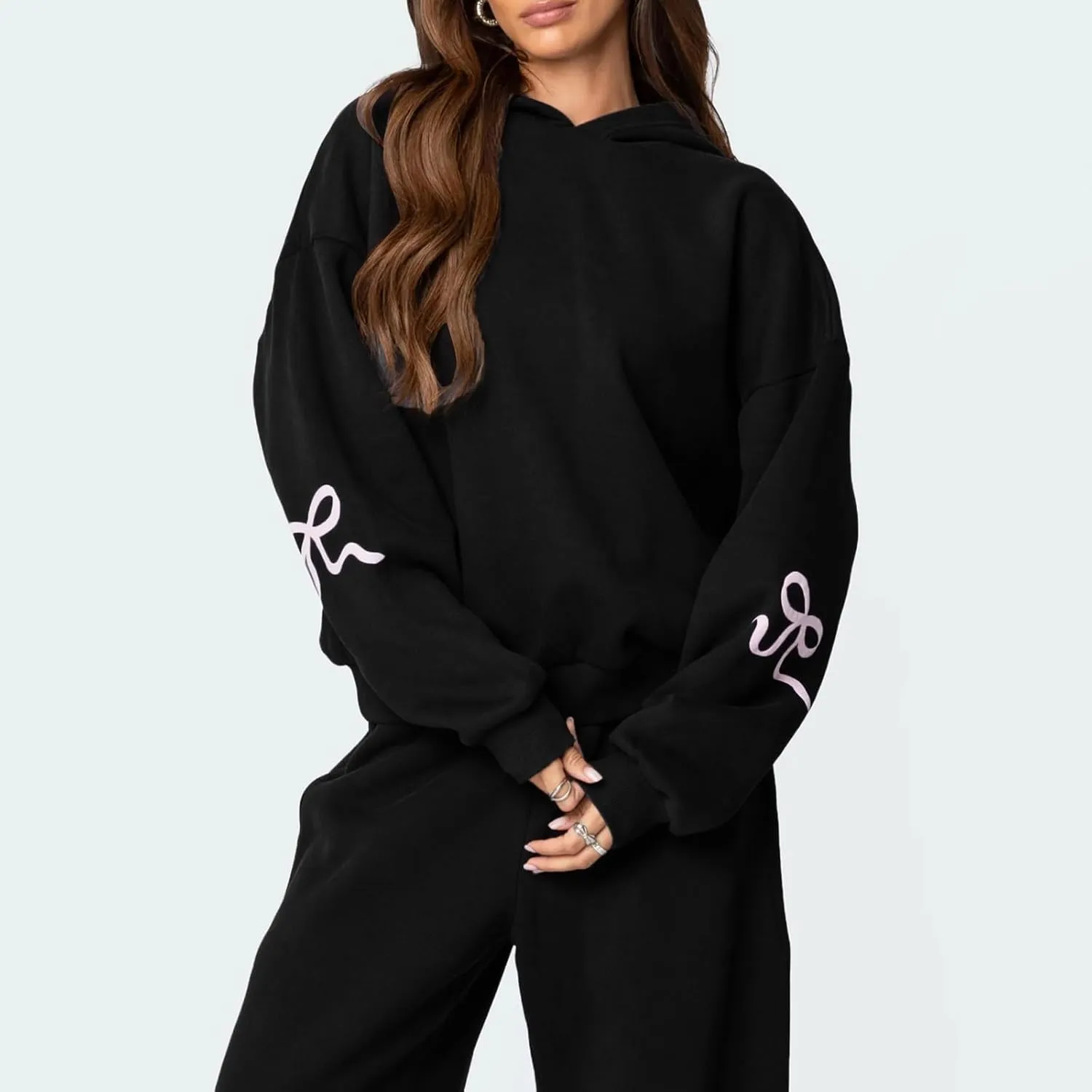 Bow Print Sweat Set For Women Matching Sweat Sets For Women Bow Sweatshirt Long Sleeve Oversized Hoodie Wide Leg Sweatpants