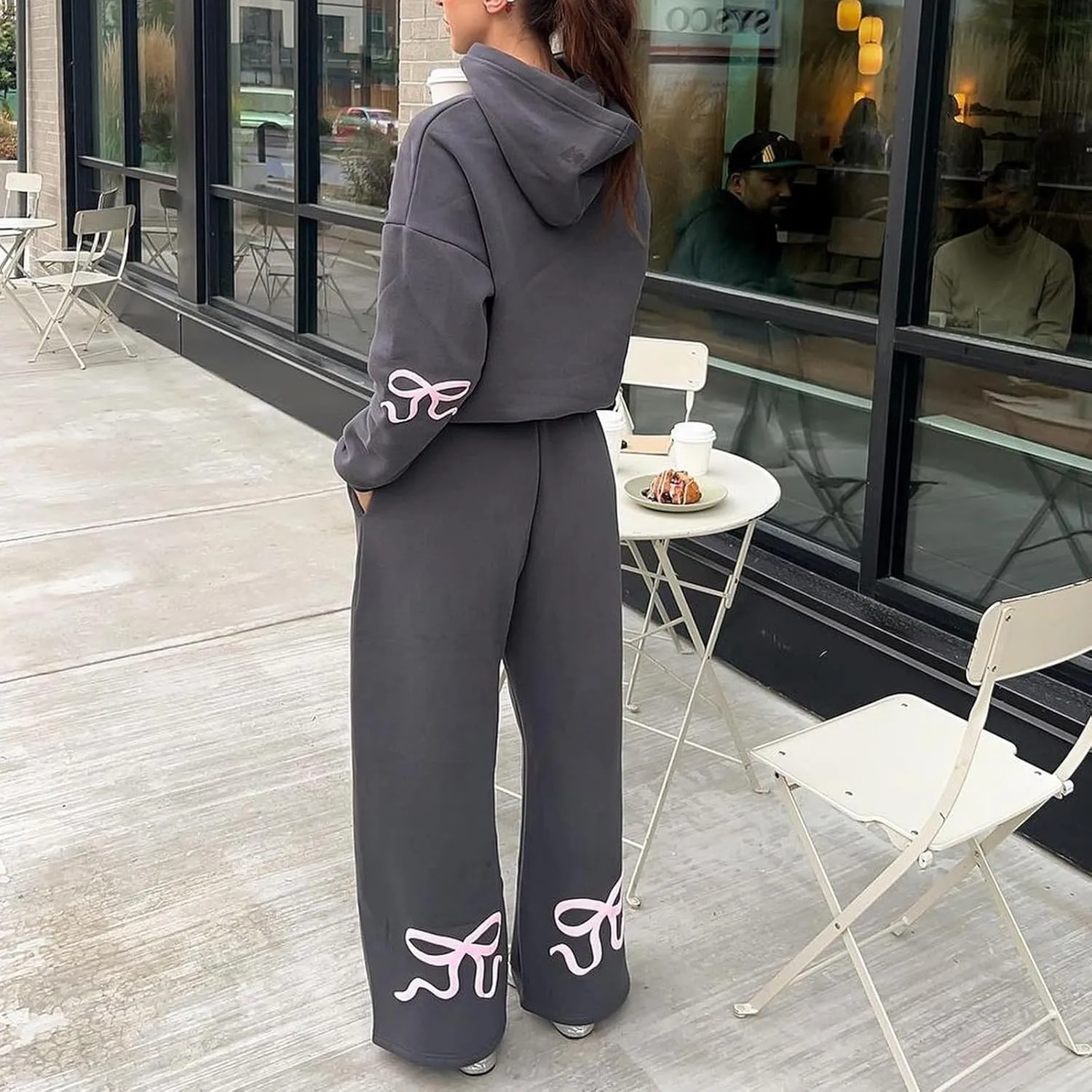 Bow Print Sweat Set For Women Matching Sweat Sets For Women Bow Sweatshirt Long Sleeve Oversized Hoodie Wide Leg Sweatpants