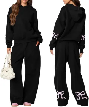 Bow Print Sweat Set For Women Matching Sweat Sets For Women Bow Sweatshirt Long Sleeve Oversized Hoodie Wide Leg Sweatpants
