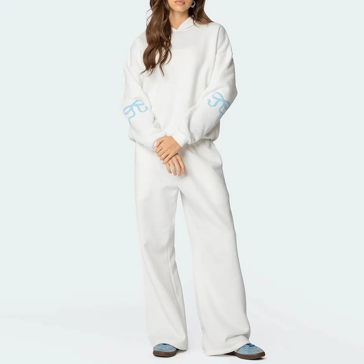 Bow Print Sweat Set for Women Tracksuit Long Sleeve Crew Neck Oversized Hoodie Wide Leg Sweatpants 2 Piece Outfits