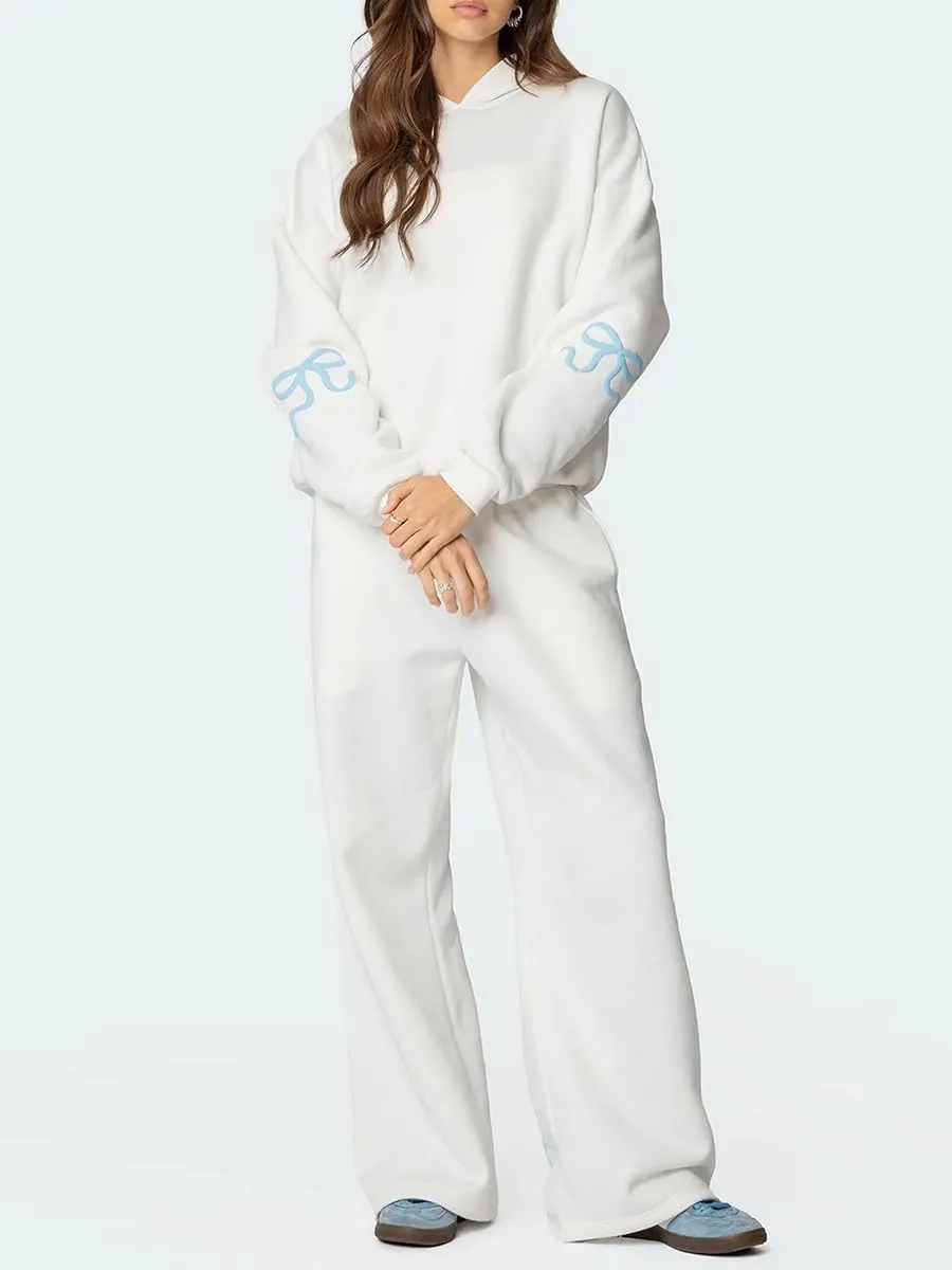 Bow Print Sweat Set for Women Tracksuit Long Sleeve Crew Neck Oversized Hoodie Wide Leg Sweatpants 2 Piece Outfits
