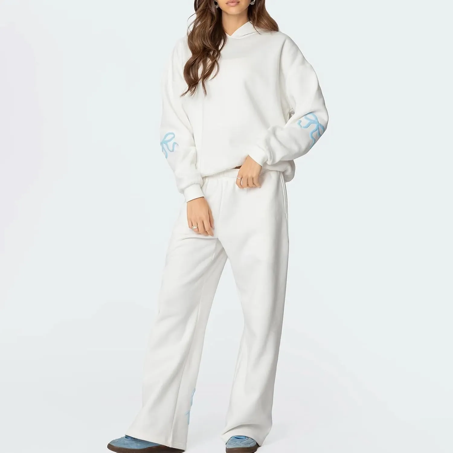 Bow Print Sweat Set for Women Tracksuit Long Sleeve Crew Neck Oversized Hoodie Wide Leg Sweatpants 2 Piece Outfits