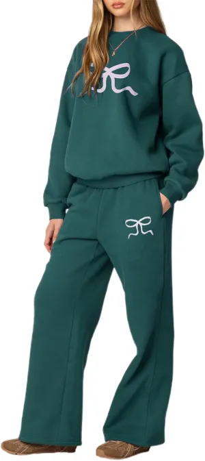 Bow Print Sweat Set for Women Tracksuit Long Sleeve Crew Neck Oversized Hoodie Wide Leg Sweatpants 2 Piece Outfits