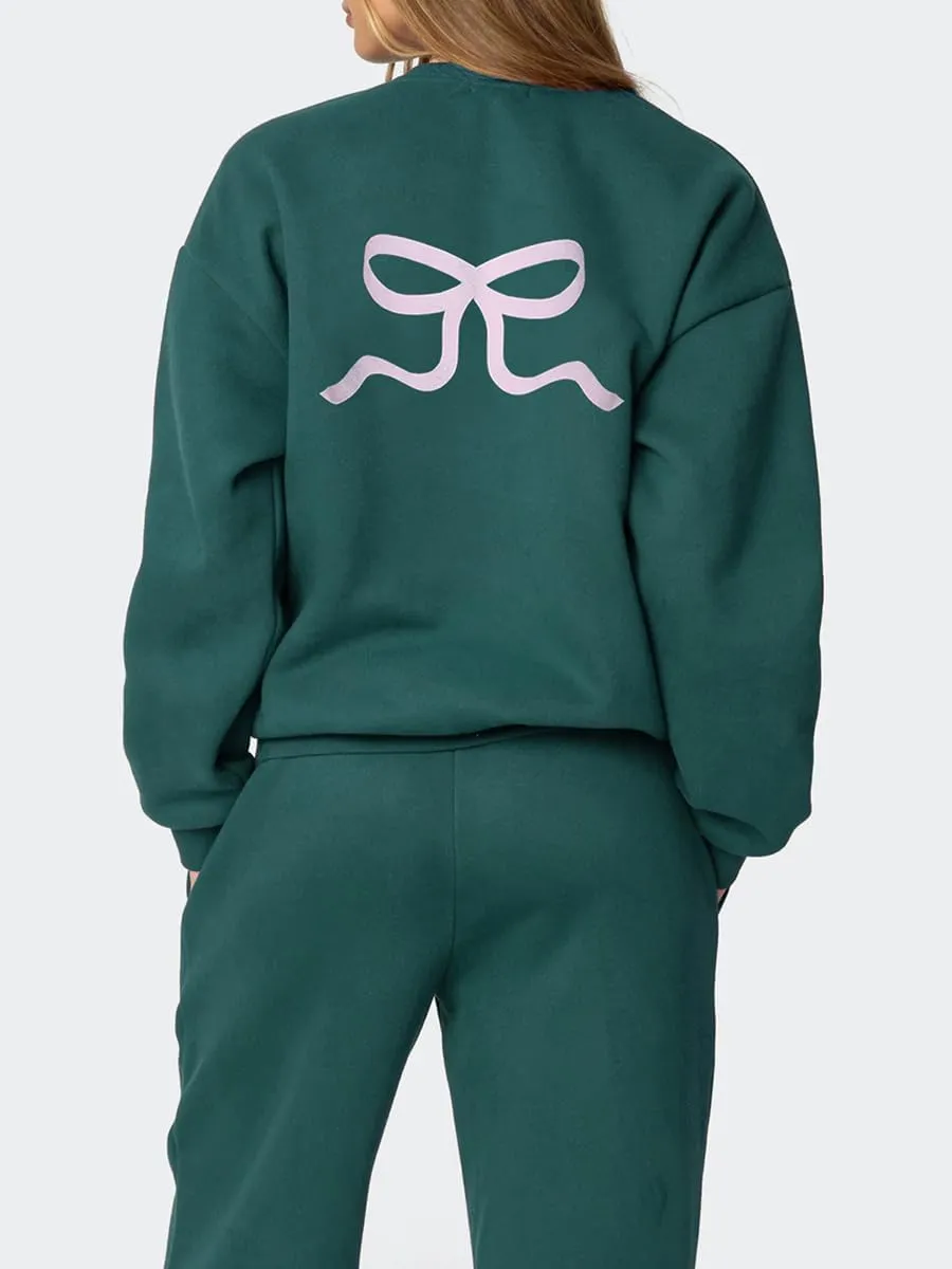 Bow Print Sweat Set for Women Tracksuit Long Sleeve Crew Neck Oversized Hoodie Wide Leg Sweatpants 2 Piece Outfits