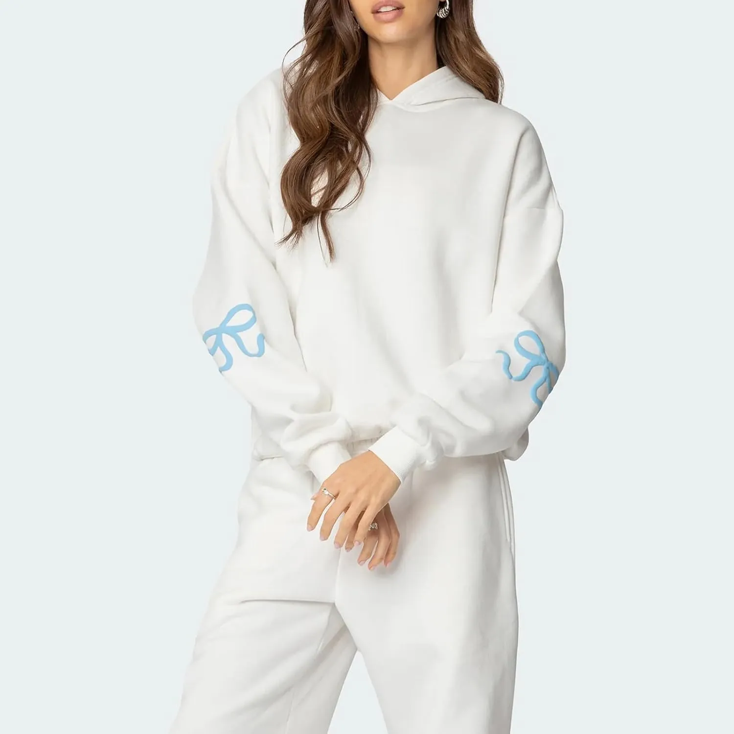 Bow Print Sweat Set for Women Tracksuit Long Sleeve Crew Neck Oversized Hoodie Wide Leg Sweatpants 2 Piece Outfits