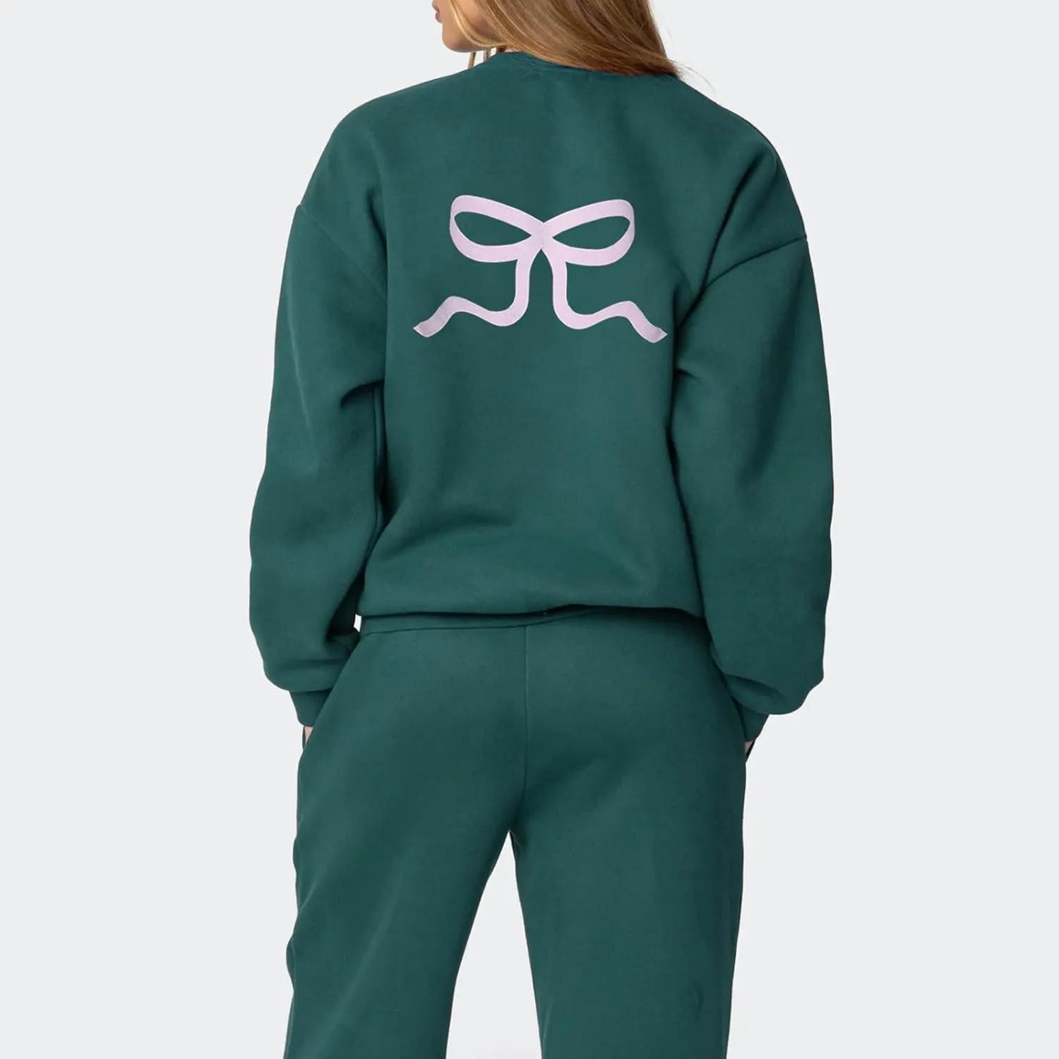 Bow Print Sweat Set for Women Tracksuit Long Sleeve Crew Neck Oversized Hoodie Wide Leg Sweatpants 2 Piece Outfits
