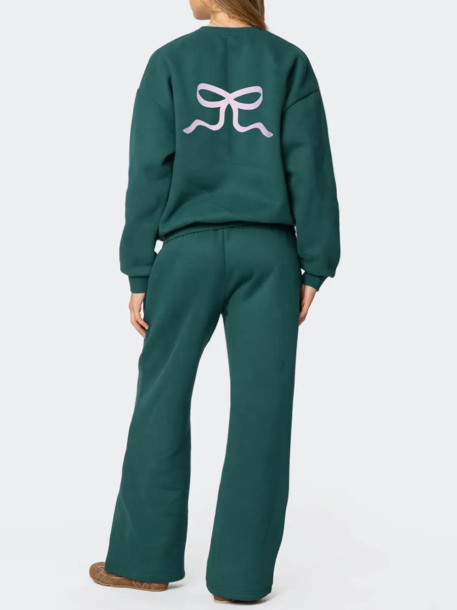 Bow Print Sweat Set for Women Tracksuit Long Sleeve Crew Neck Oversized Hoodie Wide Leg Sweatpants 2 Piece Outfits