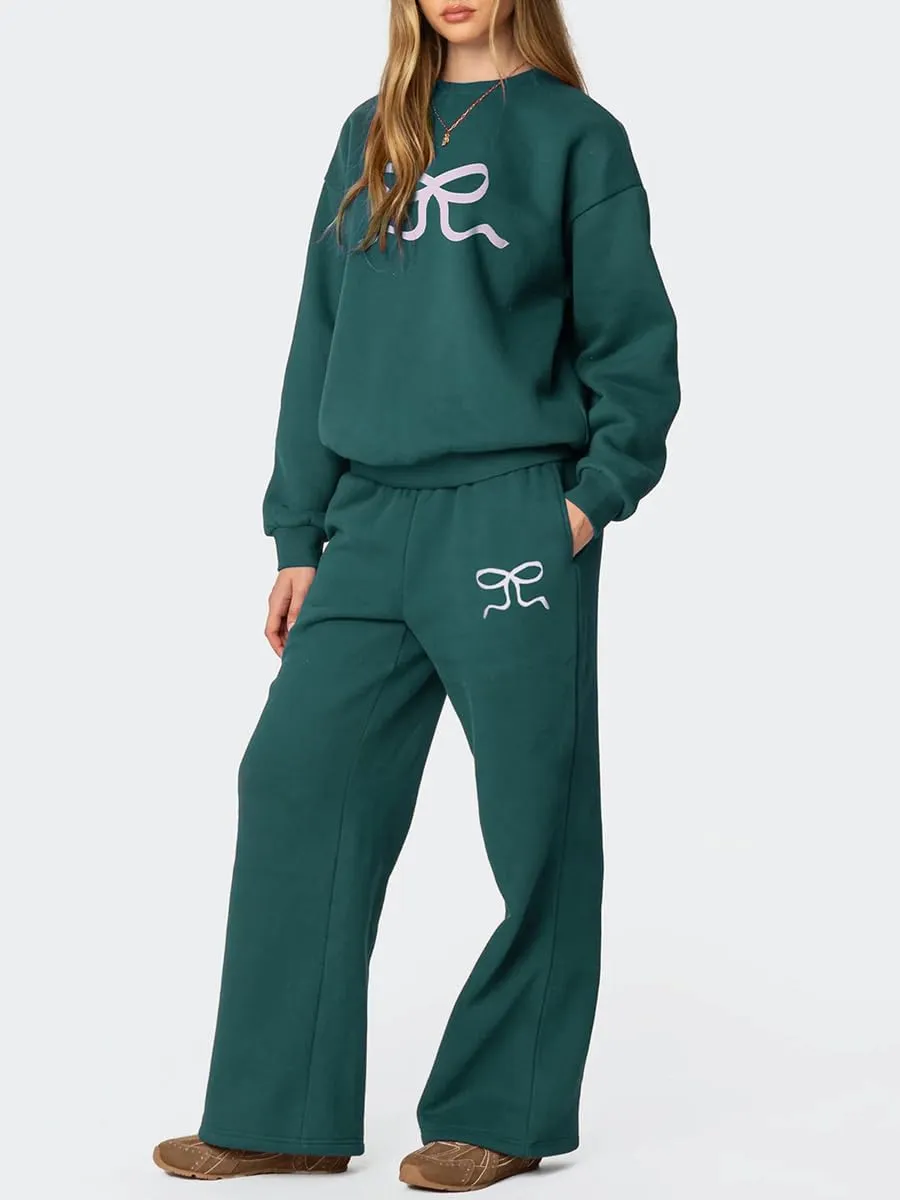 Bow Print Sweat Set for Women Tracksuit Long Sleeve Crew Neck Oversized Hoodie Wide Leg Sweatpants 2 Piece Outfits