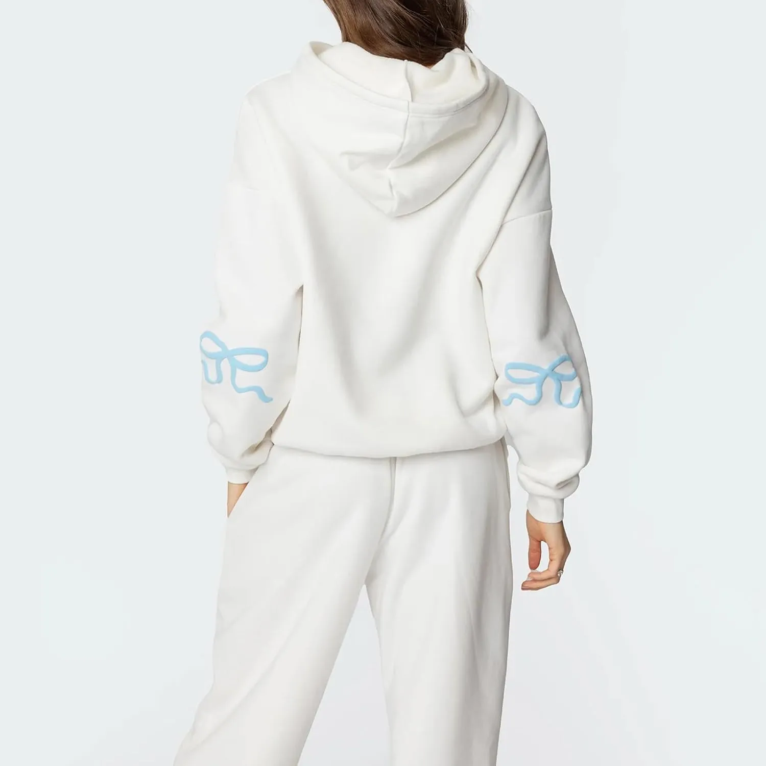 Bow Print Sweat Set for Women Tracksuit Long Sleeve Crew Neck Oversized Hoodie Wide Leg Sweatpants 2 Piece Outfits