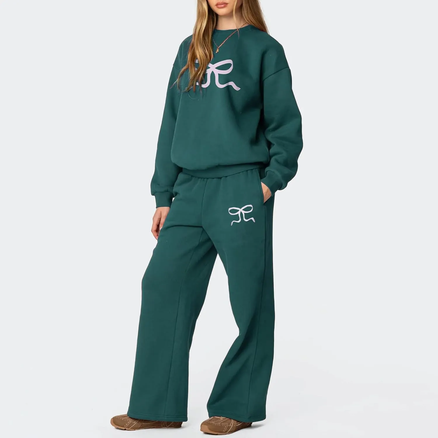 Bow Print Sweat Set for Women Tracksuit Long Sleeve Crew Neck Oversized Hoodie Wide Leg Sweatpants 2 Piece Outfits