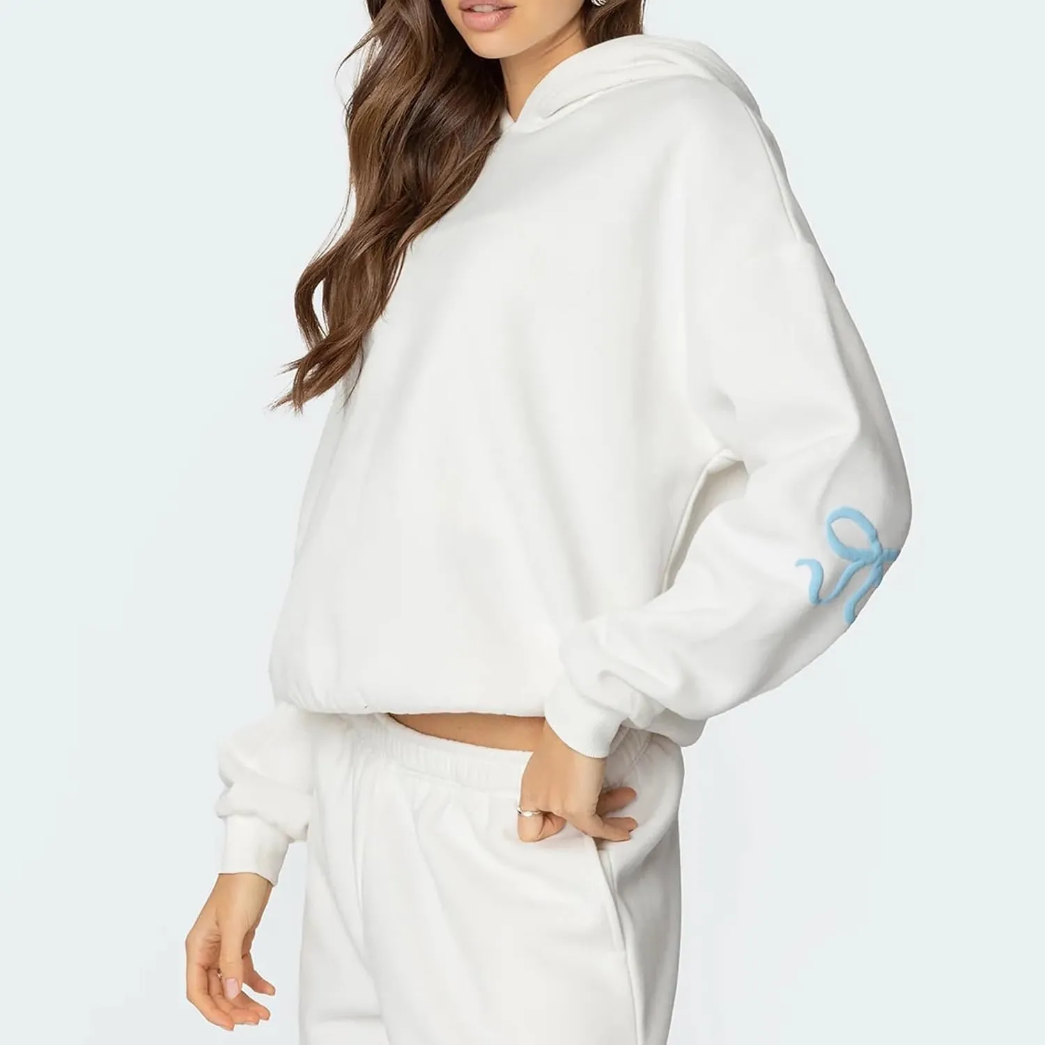Bow Print Sweat Set for Women Tracksuit Long Sleeve Crew Neck Oversized Hoodie Wide Leg Sweatpants 2 Piece Outfits