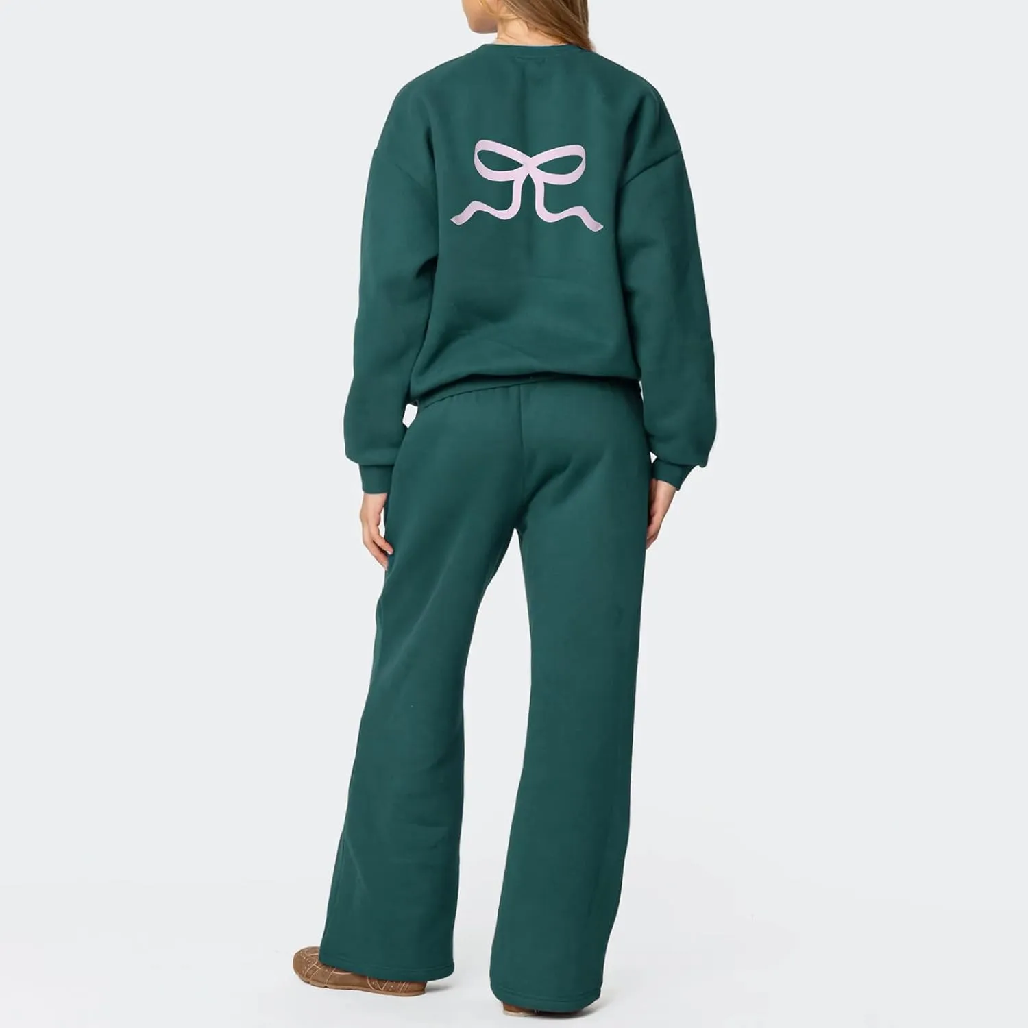 Bow Print Sweat Set for Women Tracksuit Long Sleeve Crew Neck Oversized Hoodie Wide Leg Sweatpants 2 Piece Outfits