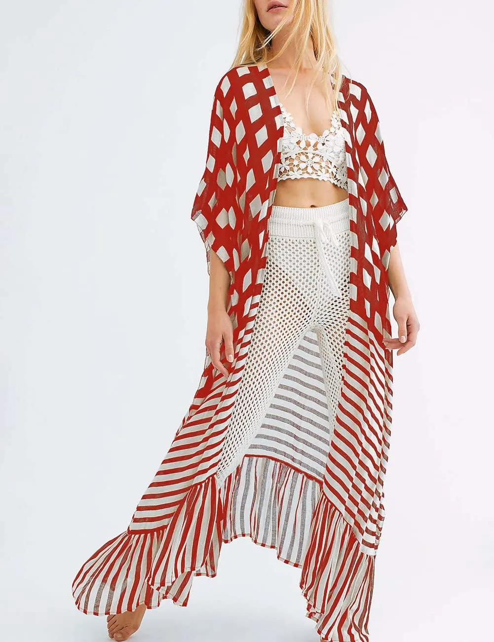 Bsubseach Women Long Kimono Swimsuit Cover Ups Chiffon Maxi Cardigan Open Front Bathing Suit Lightweight Duster Beachwear