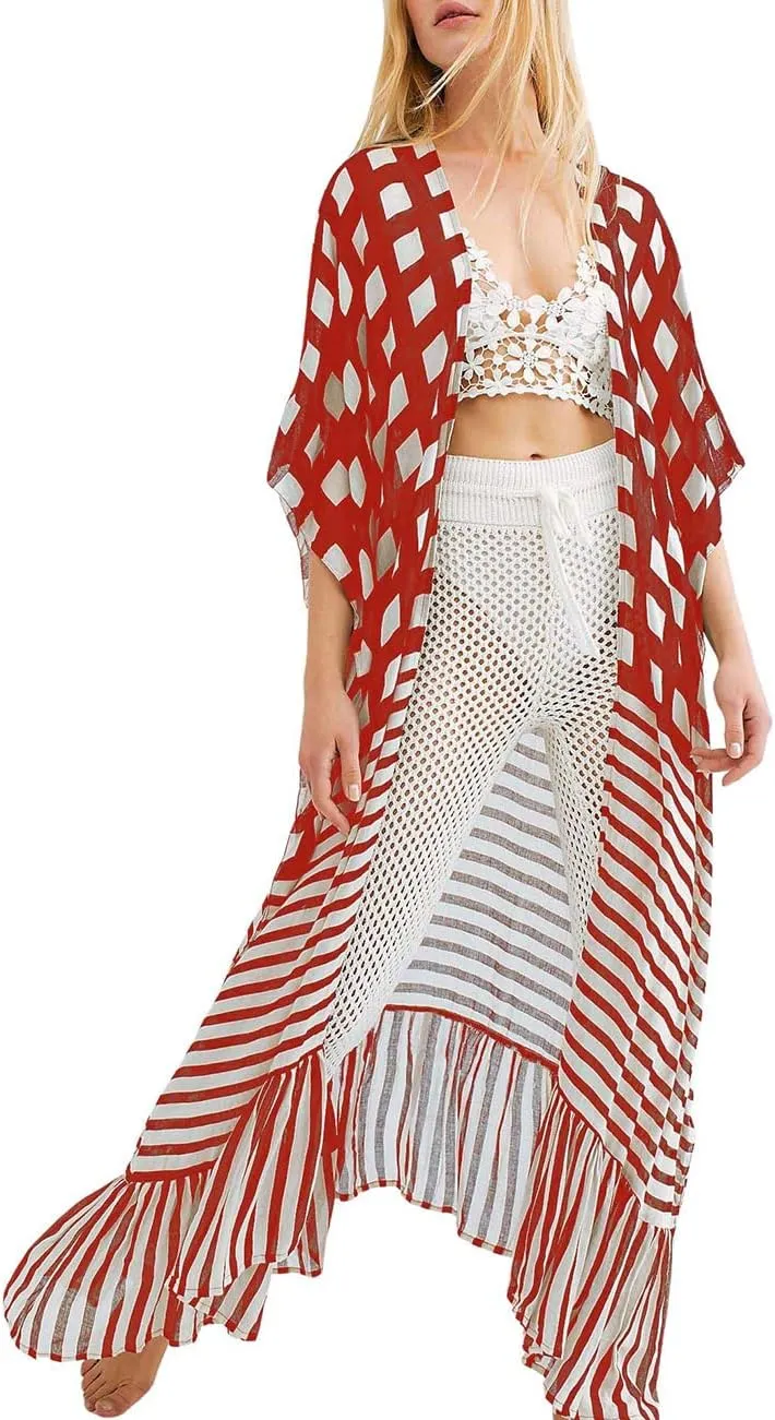 Bsubseach Women Long Kimono Swimsuit Cover Ups Chiffon Maxi Cardigan Open Front Bathing Suit Lightweight Duster Beachwear