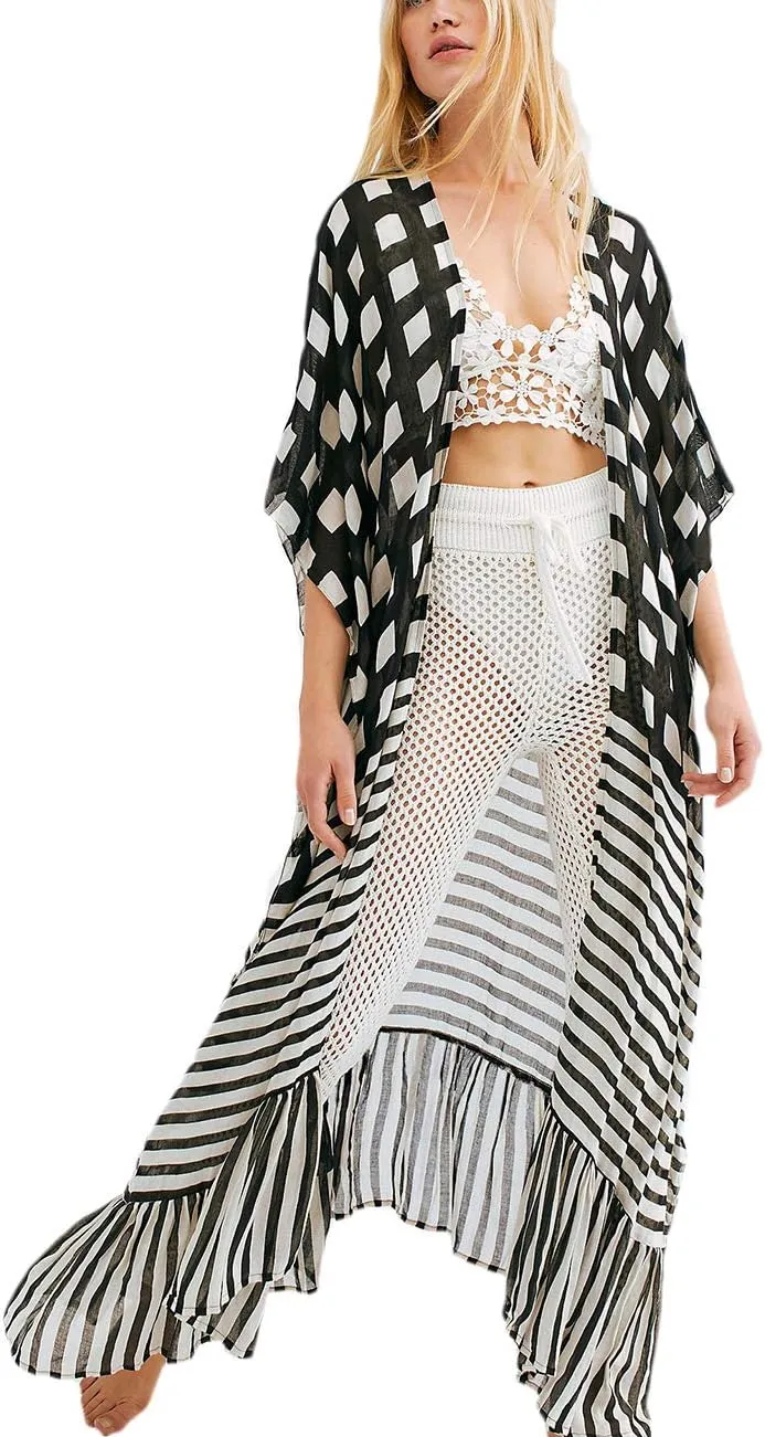 Bsubseach Women Long Kimono Swimsuit Cover Ups Chiffon Maxi Cardigan Open Front Bathing Suit Lightweight Duster Beachwear