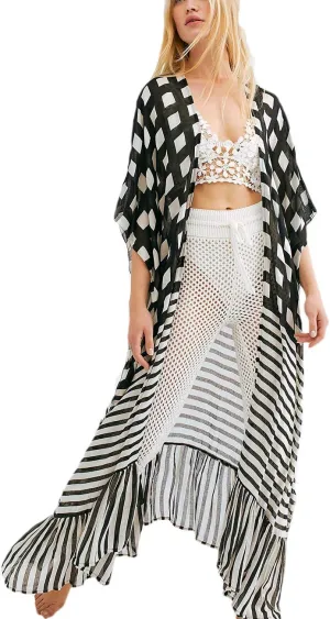 Bsubseach Women Long Kimono Swimsuit Cover Ups Chiffon Maxi Cardigan Open Front Bathing Suit Lightweight Duster Beachwear
