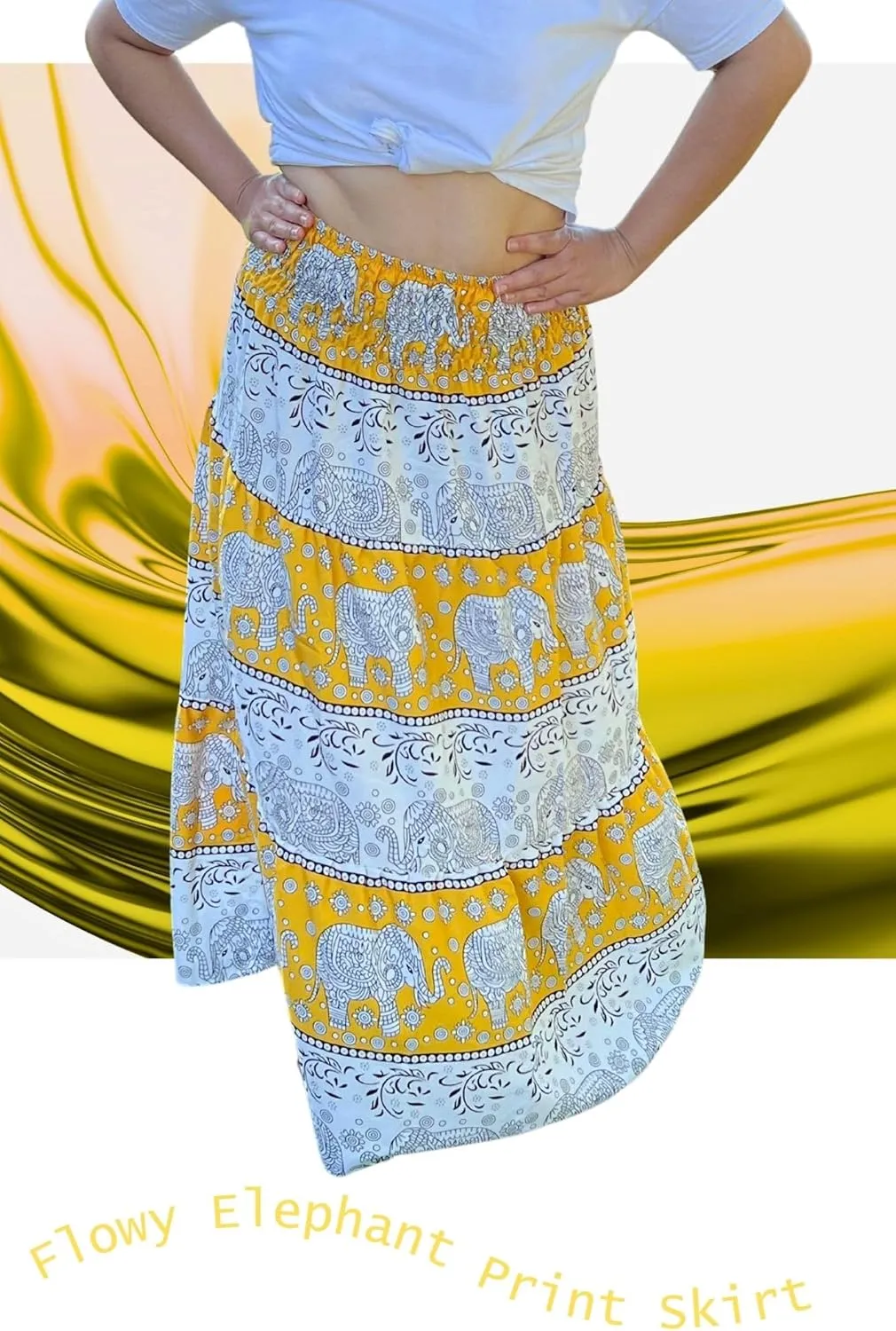 Casual Maxi High Waisted Lightweight Silky Soft Flowy Ruffle Cute Trendy Boho Hippy Long Skirts for Women, Elastic Waistband